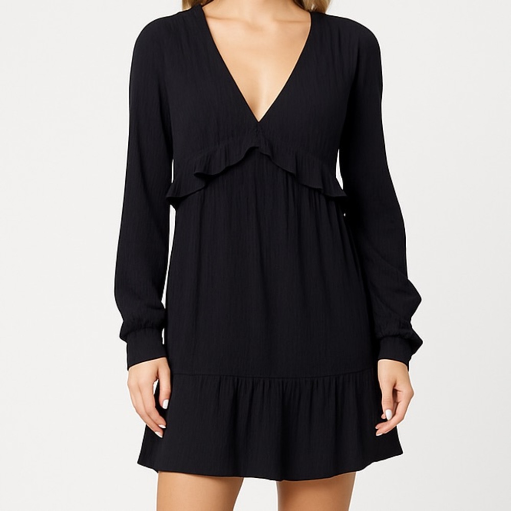 🆕PAIGE Rayon Cotton Odelise Black Ruffle Long Sleeve Mini Dress Boho Chic Size S